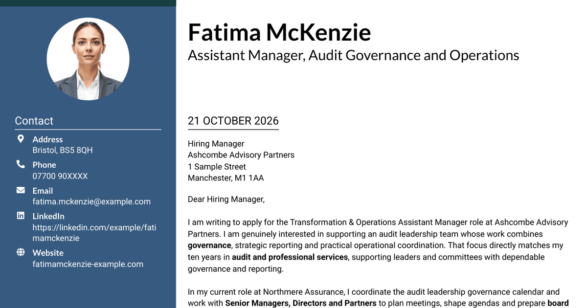 7 Transformation & Operations Assistant Manager - Audit Governance Cover Letter Templates with Example