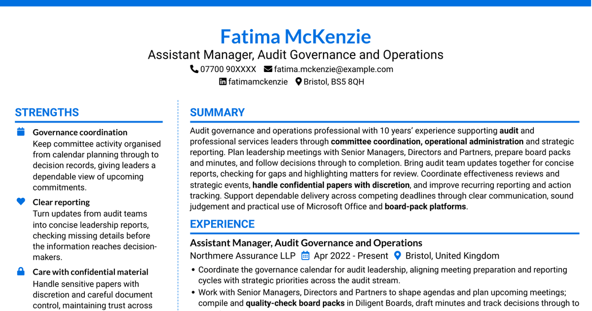 7 Transformation & Operations Assistant Manager - Audit Governance CV Templates with Example