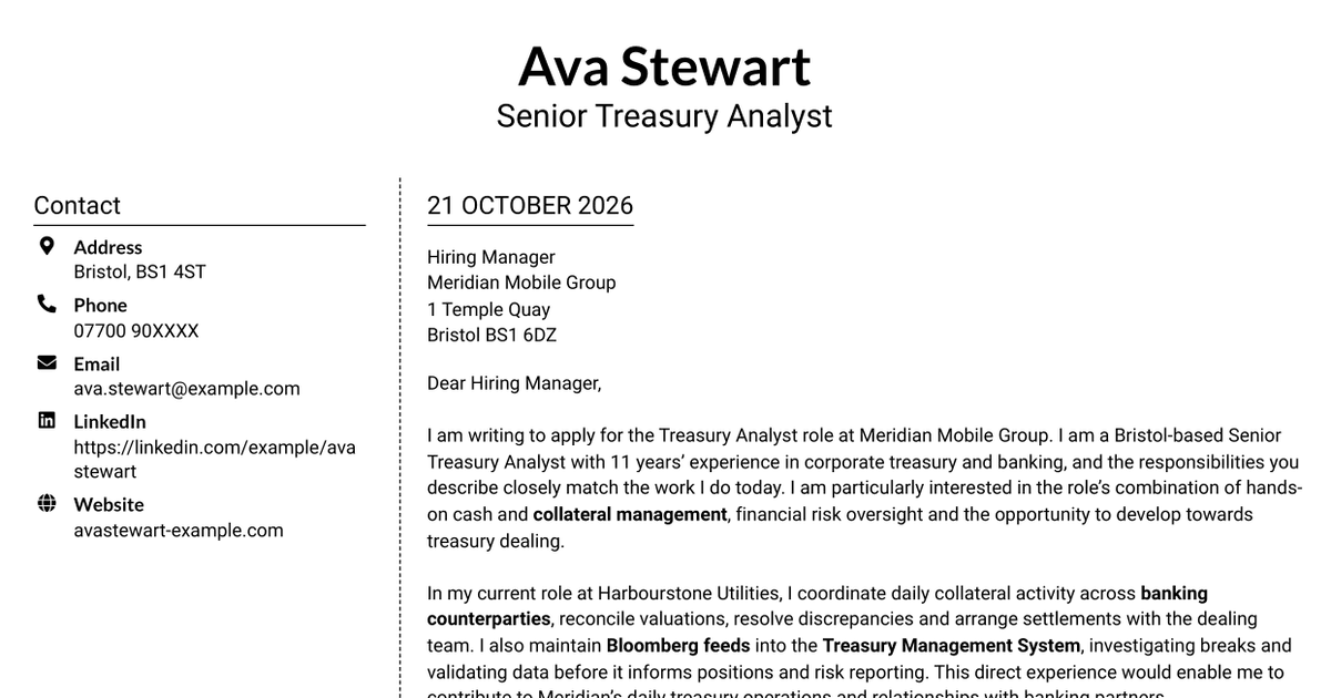 7 Treasury Analyst - Cash and Collateral Management Cover Letter Templates with Example