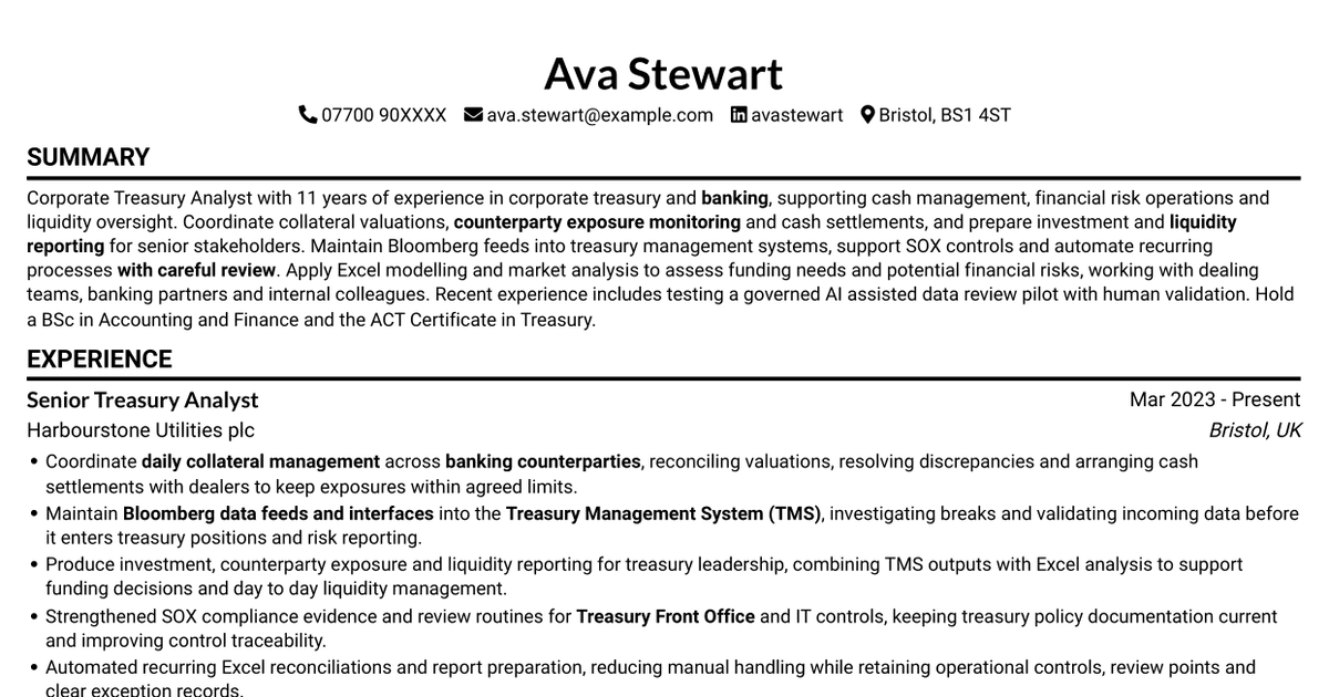 7 Treasury Analyst - Cash and Collateral Management CV Templates with Example