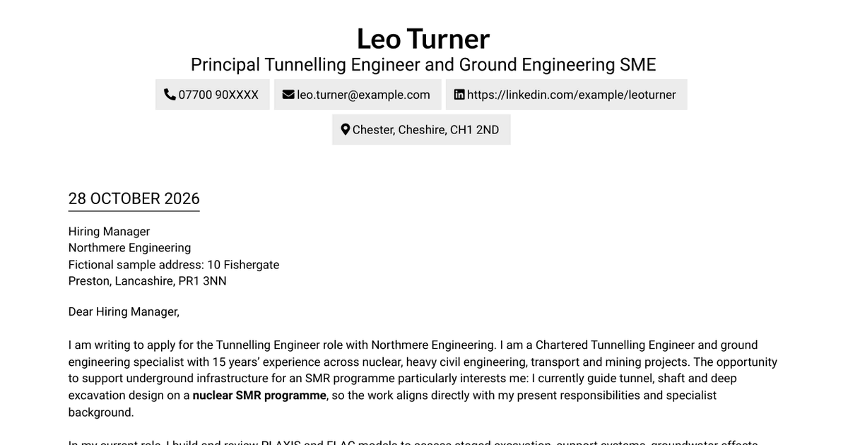 Tunnelling Engineer - Nuclear Infrastructure Cover Letter