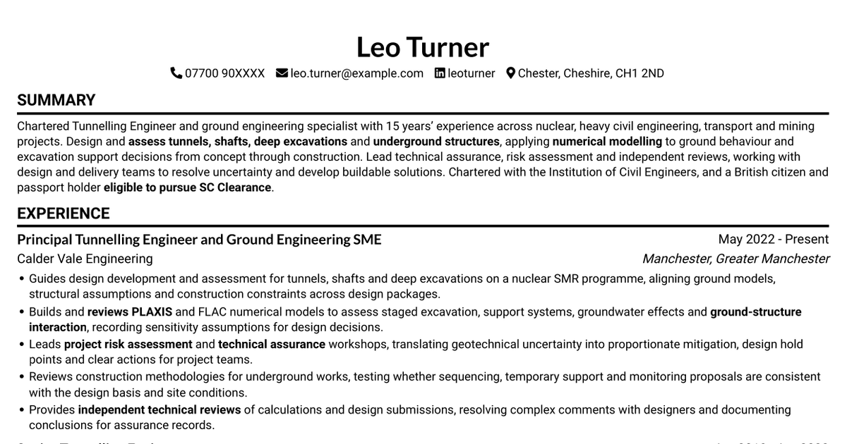 Tunnelling Engineer - Nuclear Infrastructure CV