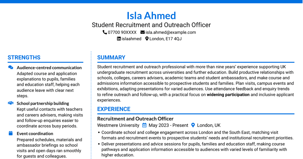 7 UK Student Recruitment Officer - Higher Education Outreach CV Templates with Example