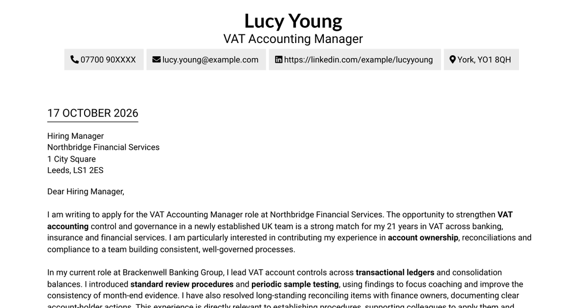7 VAT Accounting Manager Cover Letter Templates with Example