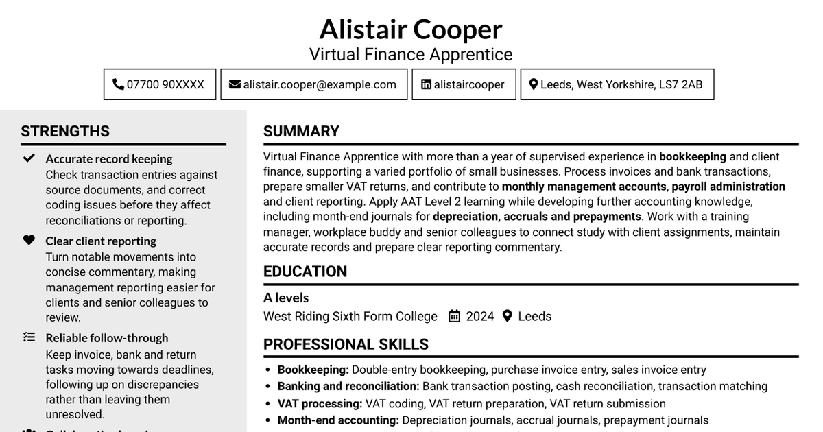 7 Virtual Finance Apprentice - Bookkeeping and VAT CV Templates with Example