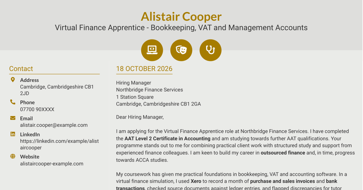 7 Virtual Finance Apprentice - Bookkeeping, VAT and Management Accounts Cover Letter Templates with Example