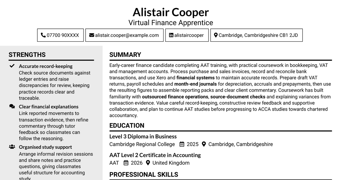 7 Virtual Finance Apprentice - Bookkeeping, VAT and Management Accounts CV Templates with Example