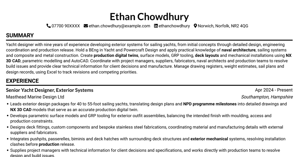 7 Yacht Designer - Exterior Systems CV Templates with Example