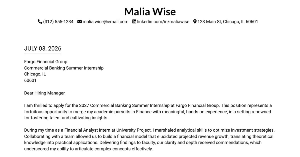 30+ 2027 Commercial Banking Summer Internship Cover Letter Templates with Example 2026