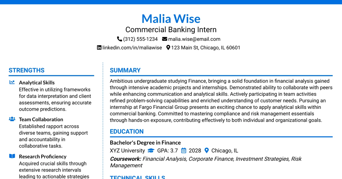 33 2027 Commercial Banking Summer Internship Resume Templates with Example 2026 (ATS-Optimized)
