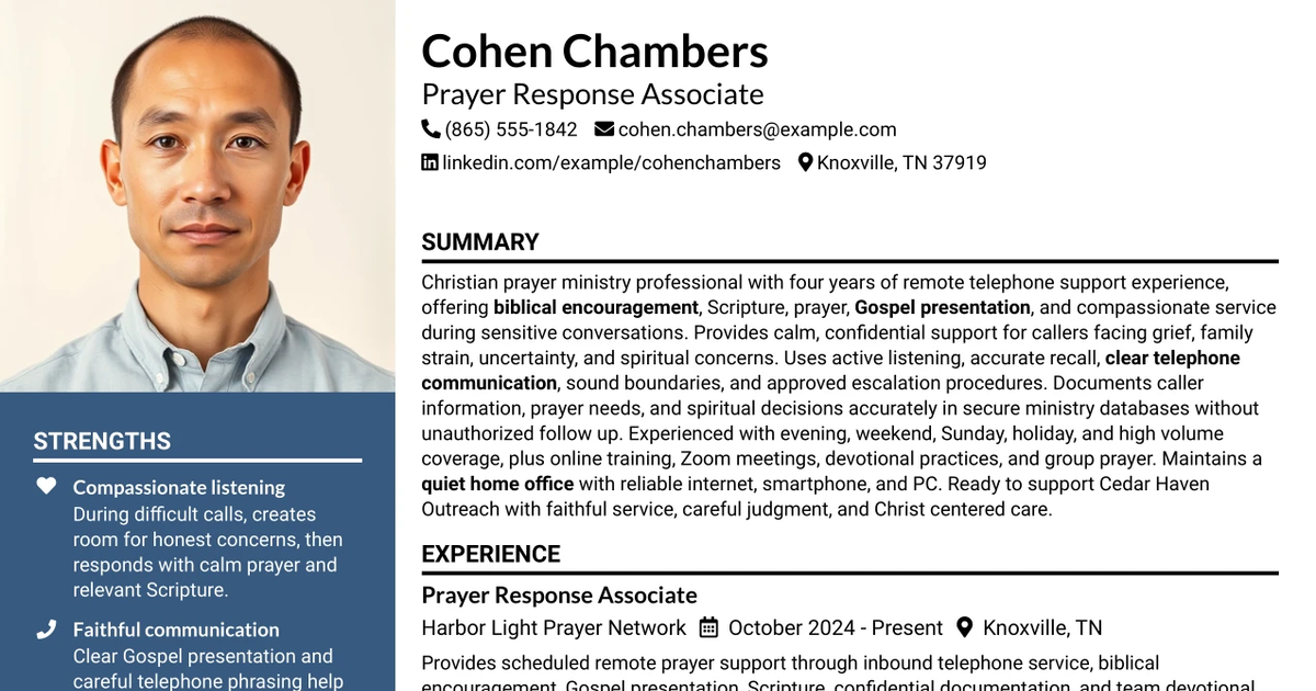 33 24/7 Prayer Line Associate - Christian Prayer Ministry Resume Templates with Example 2026 (ATS-Optimized)