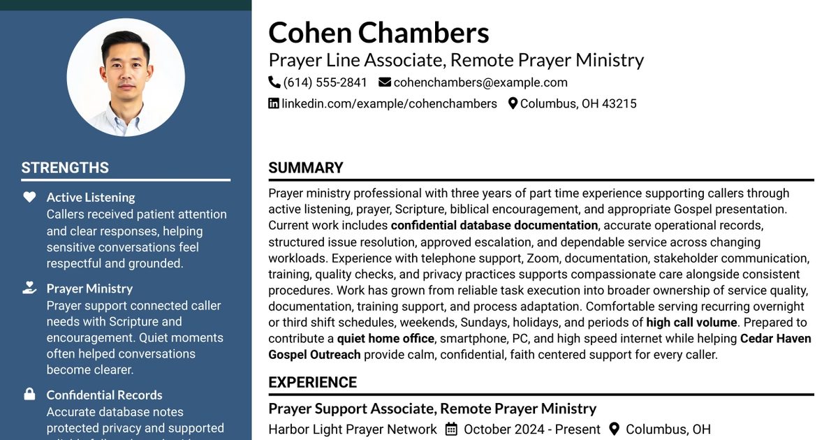 33 24/7 Prayer Line Associate - Remote Prayer Ministry Resume Templates with Example