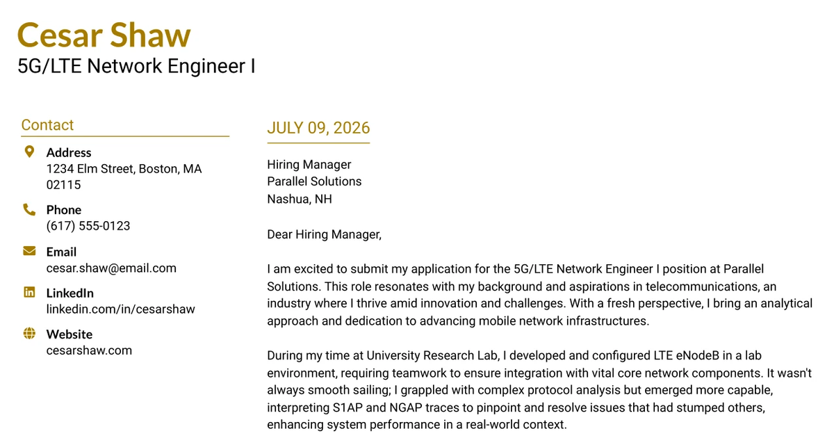 30+ 5G/LTE Network Engineer I Cover Letter Templates with Example 2026