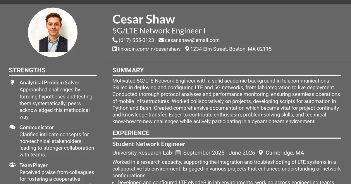 33 5G/LTE Network Engineer I Resume Templates with Example 2026 (ATS-Optimized)