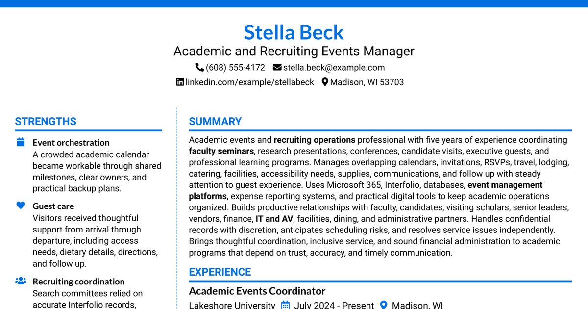 7 Academic and Recruiting Events Manager Resume Templates with Example