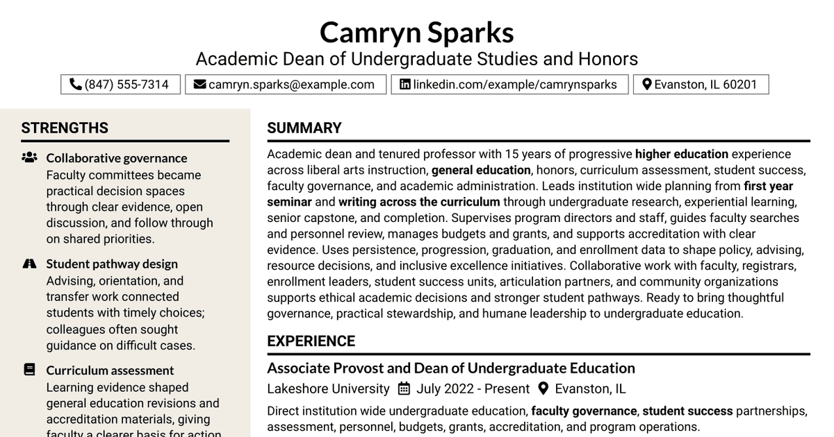 7 Academic Dean of Undergraduate Studies and Honors Resume Templates with Example