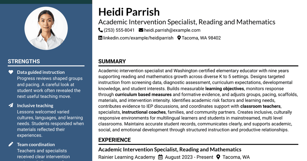 7 Academic Intervention Specialist - Reading/Math Resume Templates with Example