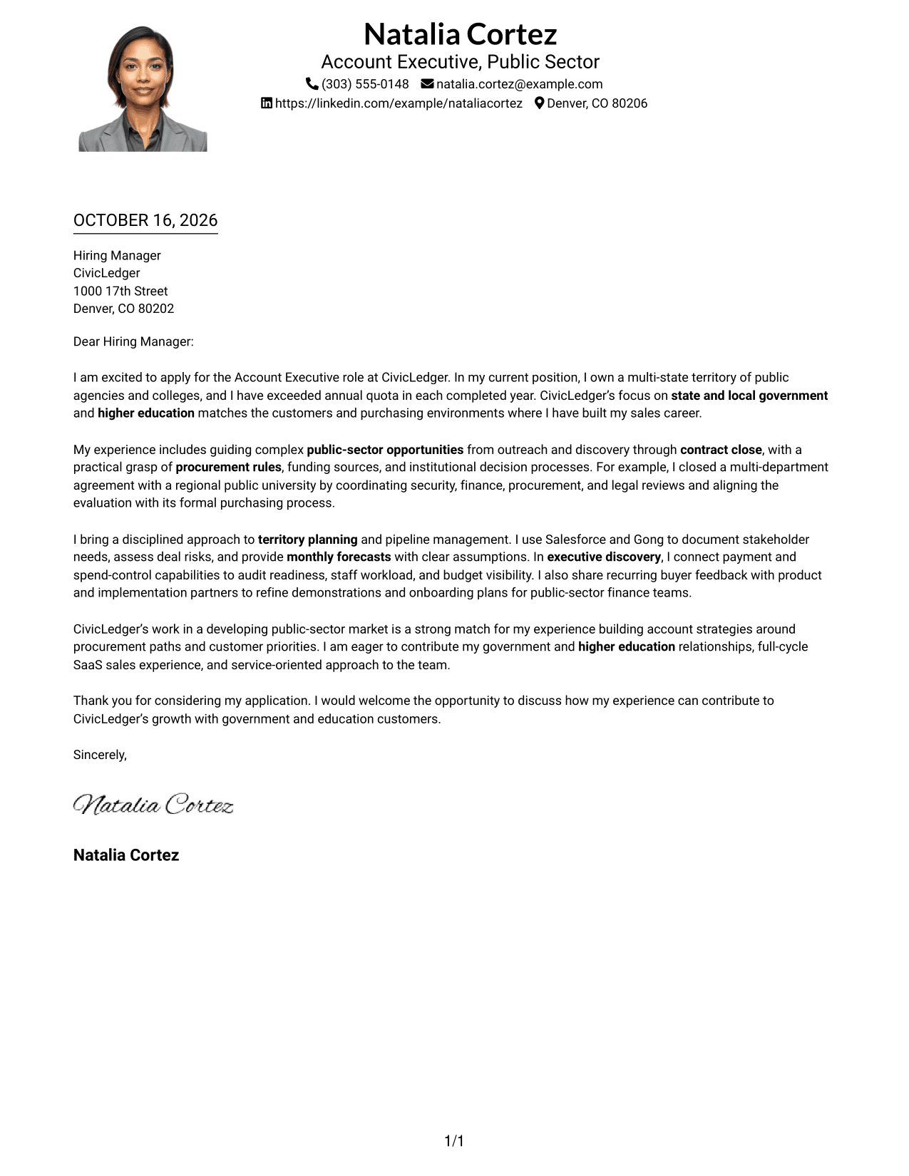 Cover letter example — page 1