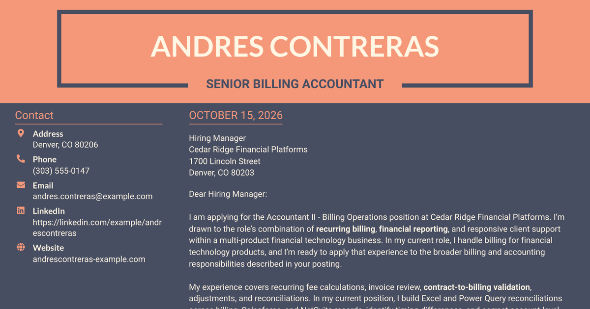 7 Accountant II - Billing Operations Cover Letter Templates with Example