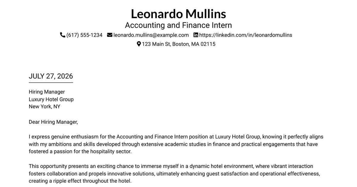 30+ Accounting and Finance Intern Cover Letter Templates with Example 2026