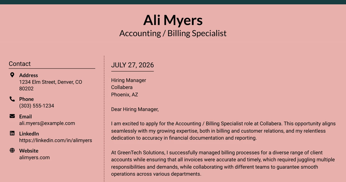 30+ Accounting / Billing Specialist Cover Letter Templates with Example 2026