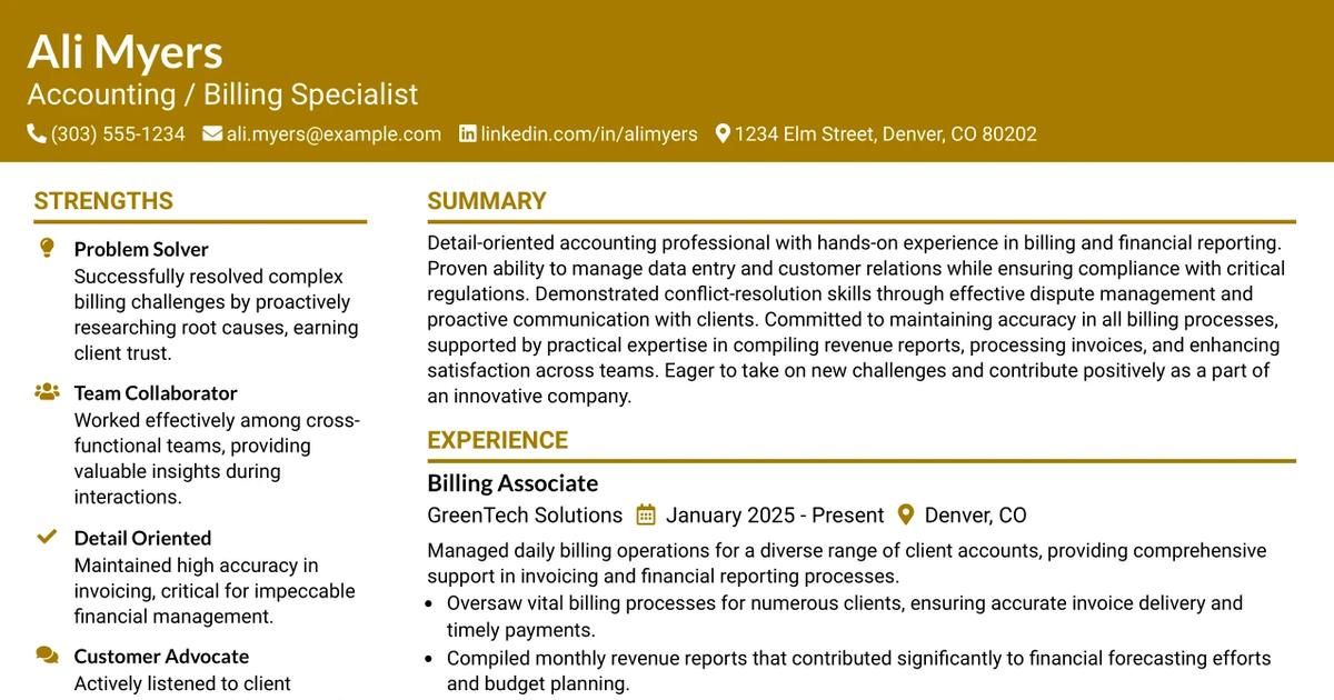 33 Accounting / Billing Specialist Resume Templates with Example 2026 (ATS-Optimized)
