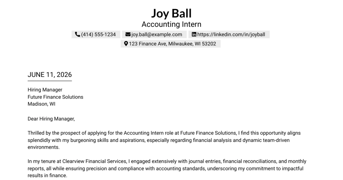 30+ Accounting Intern Cover Letter Templates with Example 2026