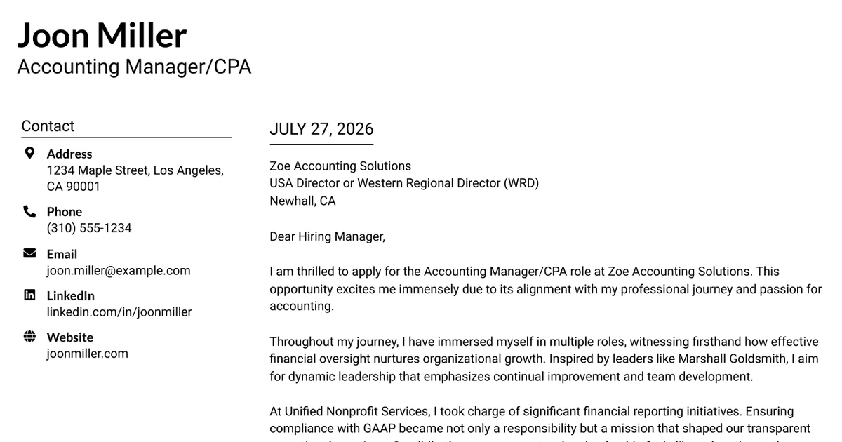 30+ Accounting Manager/CPA Cover Letter Templates with Example 2026