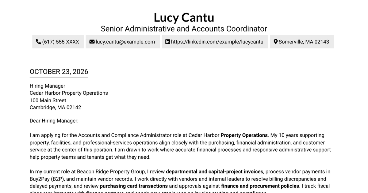 7 Accounts and Compliance Administrator - Purchasing and Financial Operations Cover Letter Templates with Example