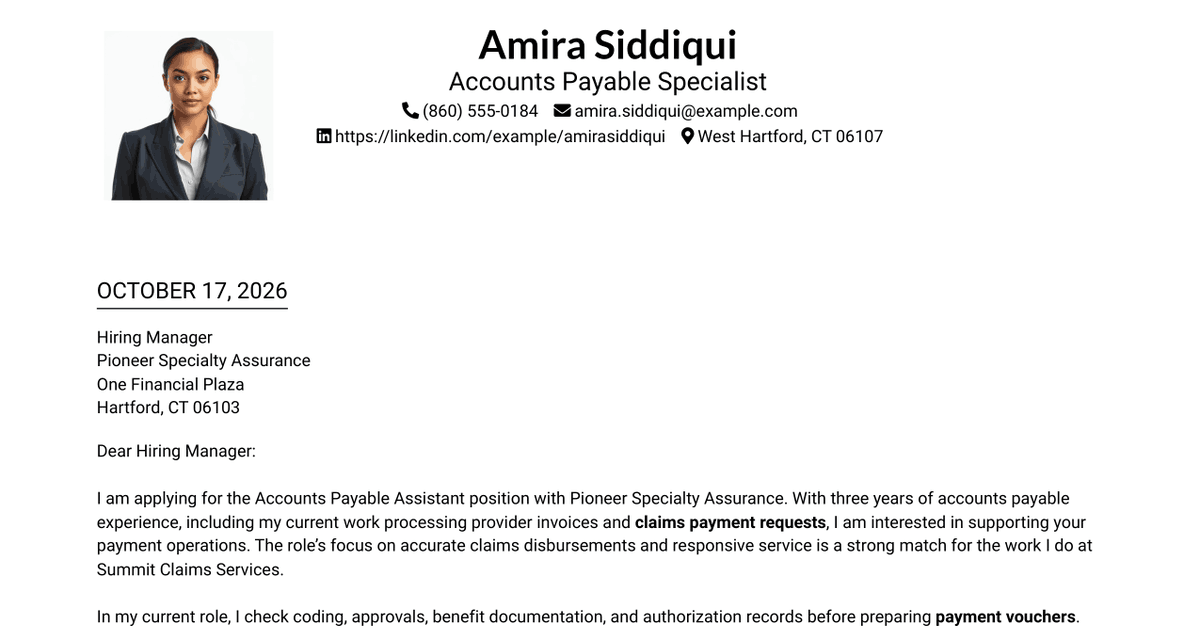 7 Accounts Payable Assistant - Claims Payments Cover Letter Templates with Example