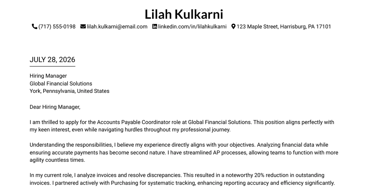 30+ Accounts Payable Coordinator Cover Letter Templates with Example 2026