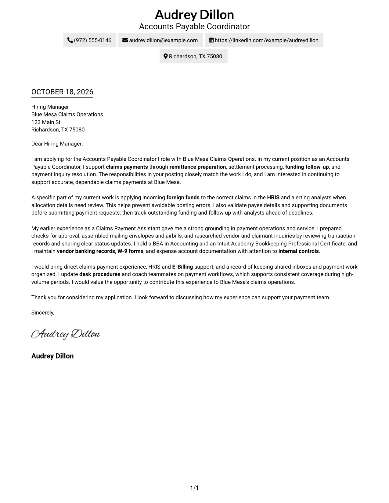 Cover letter example — page 1