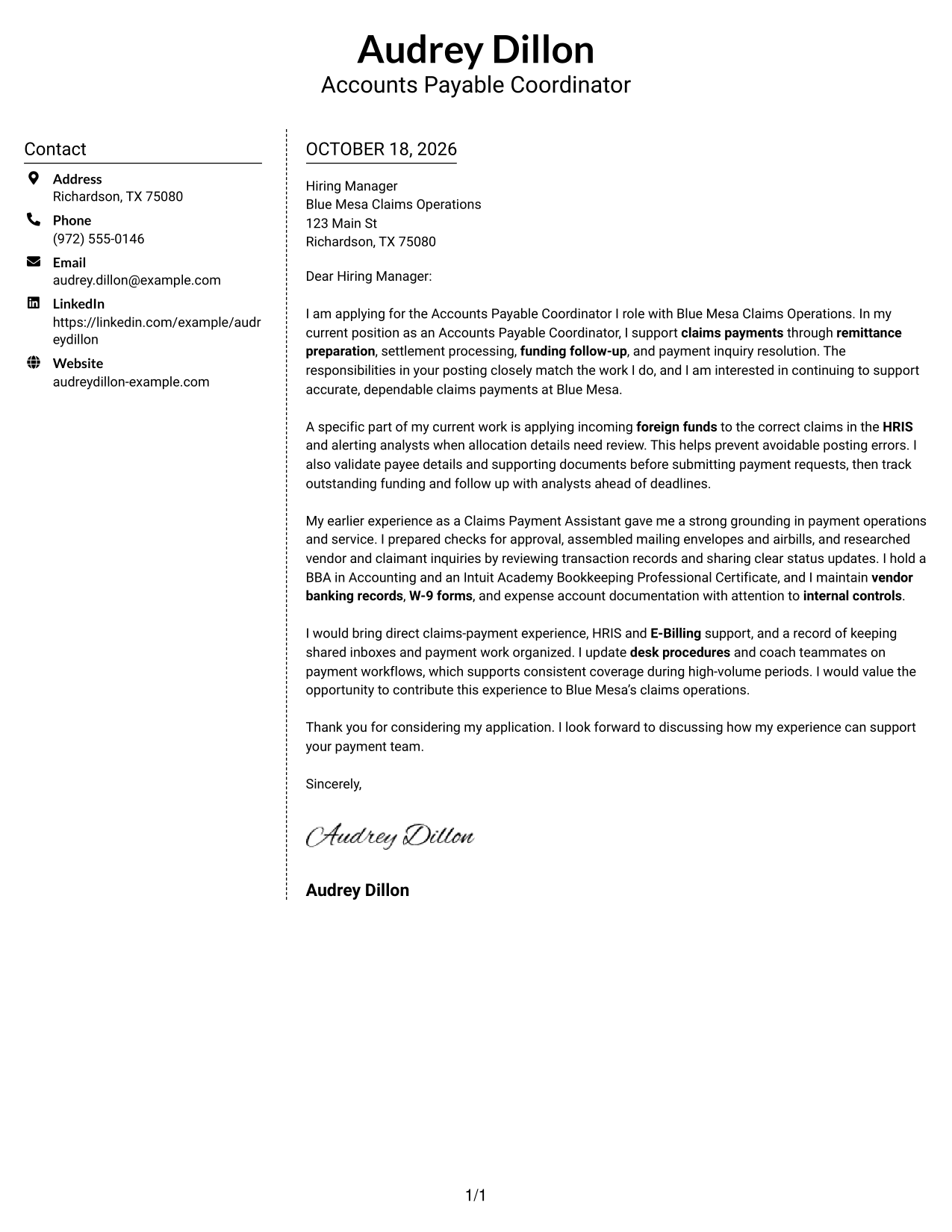 Cover letter example — page 1