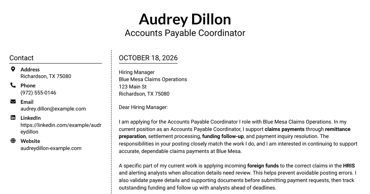 7 Accounts Payable Coordinator I - Claims Payments Cover Letter Templates with Example