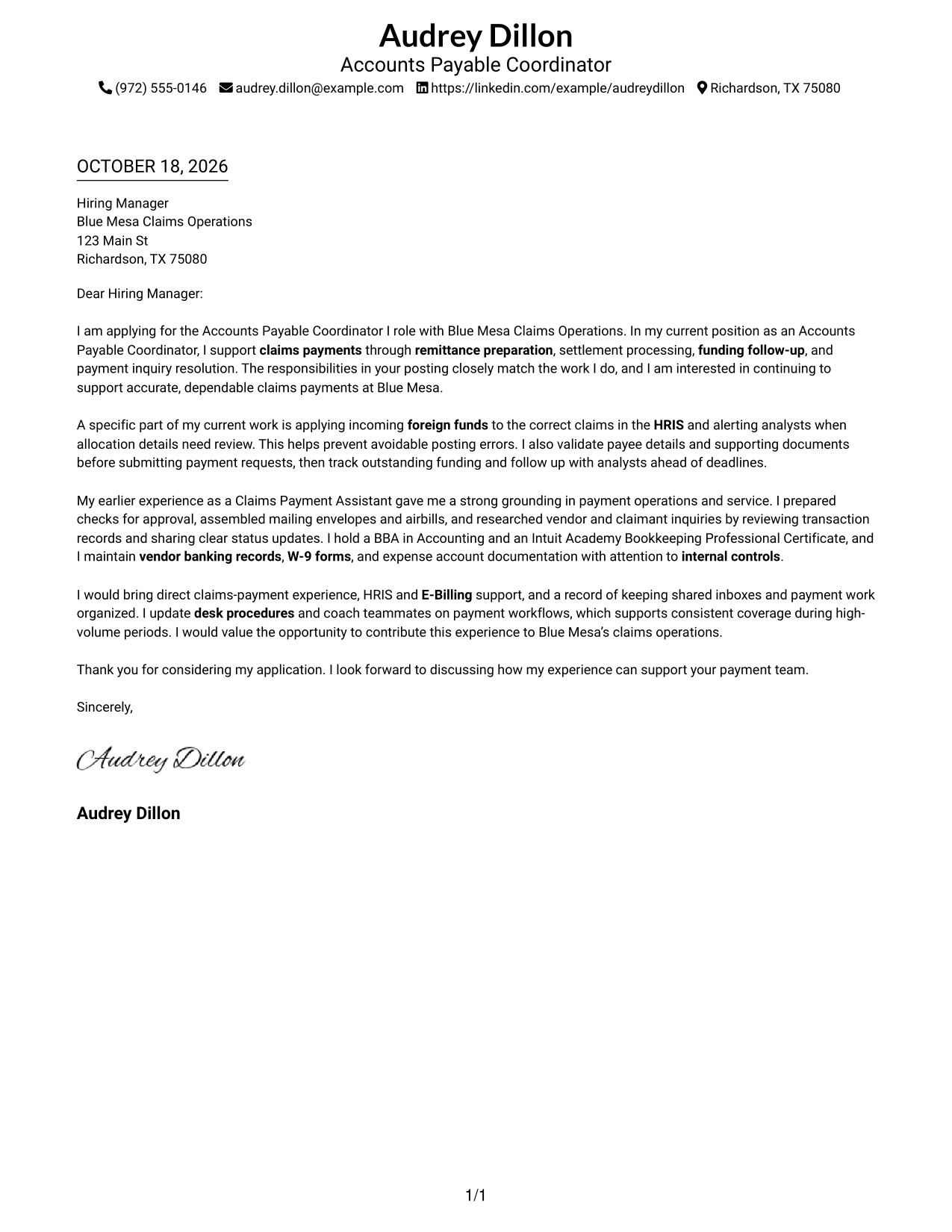 Cover letter example — page 1