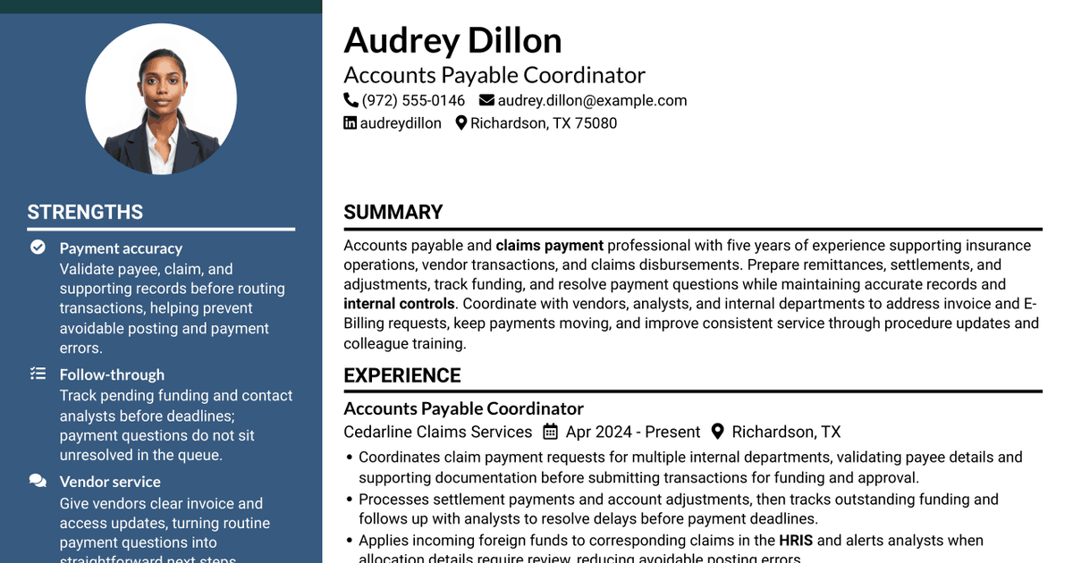 7 Accounts Payable Coordinator I - Claims Payments Resume Templates with Example