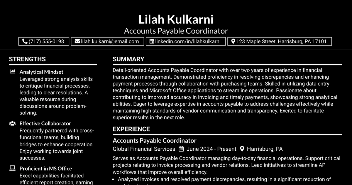 33 Accounts Payable Coordinator Resume Templates with Example 2026 (ATS-Optimized)