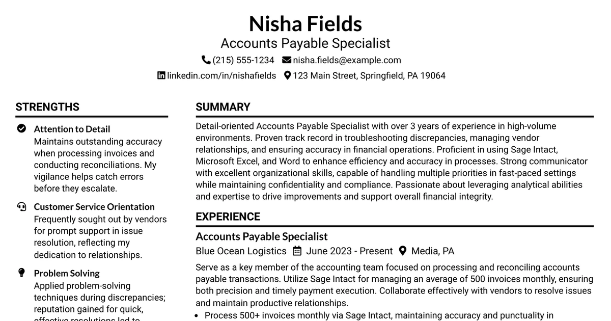 33 Accounts Payable Specialist Resume Templates with Example 2026 (ATS-Optimized)