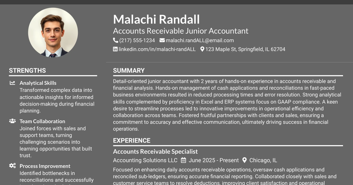 33 Accounts Receivable Junior Accountant Resume Templates with Example 2026 (ATS-Optimized)