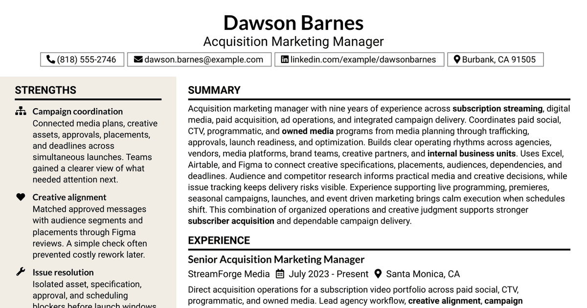 7 Acquisition Marketing Manager Resume Templates with Example