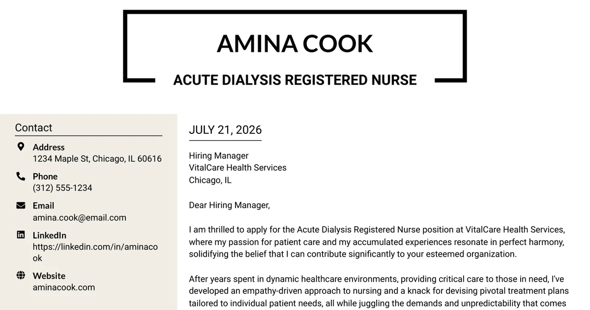 30+ Acute Dialysis Registered Nurse Cover Letter Templates with Example 2026