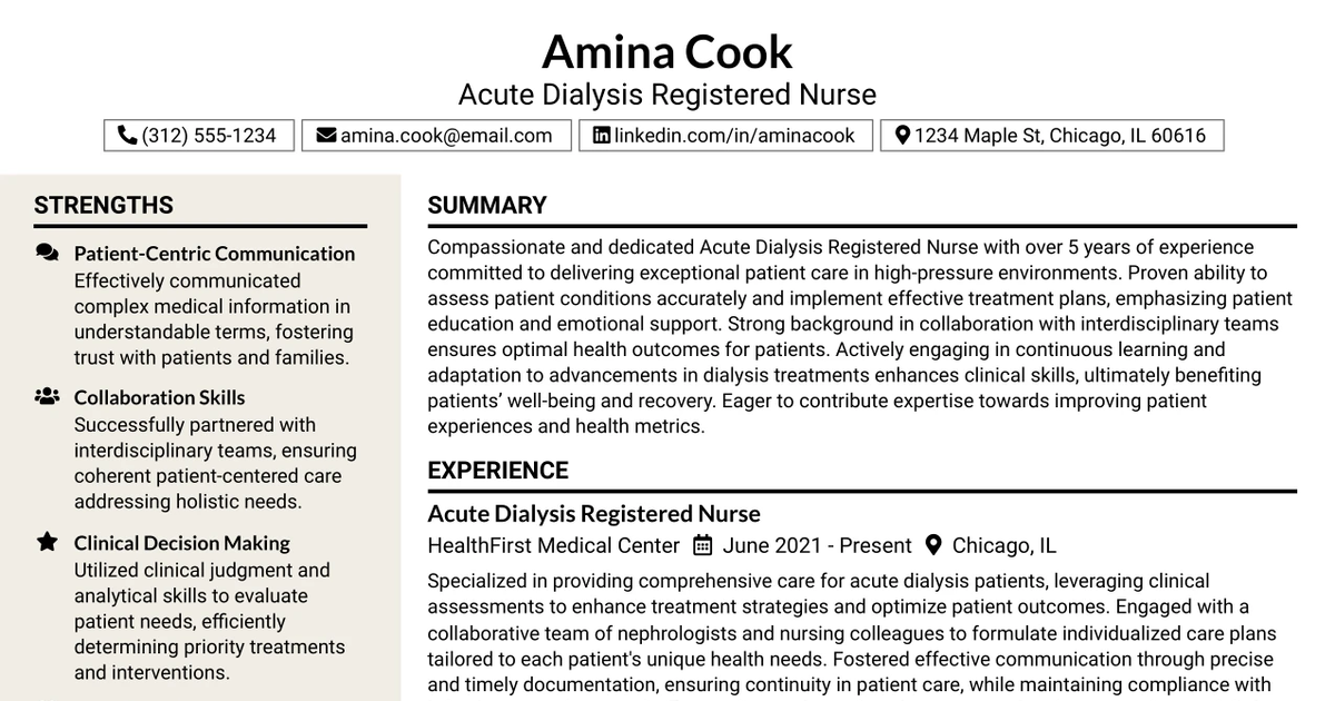 33 Acute Dialysis Registered Nurse Resume Templates with Example 2026 (ATS-Optimized)