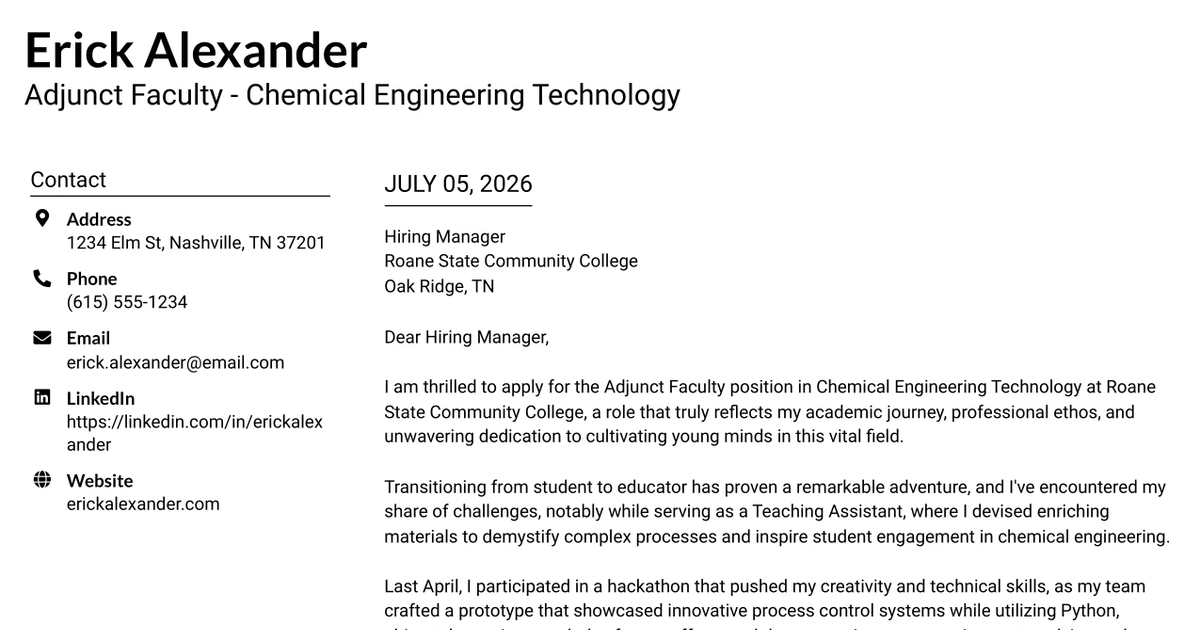 30+ Adjunct Faculty - Chemical Engineering Technology Cover Letter Templates with Example 2026