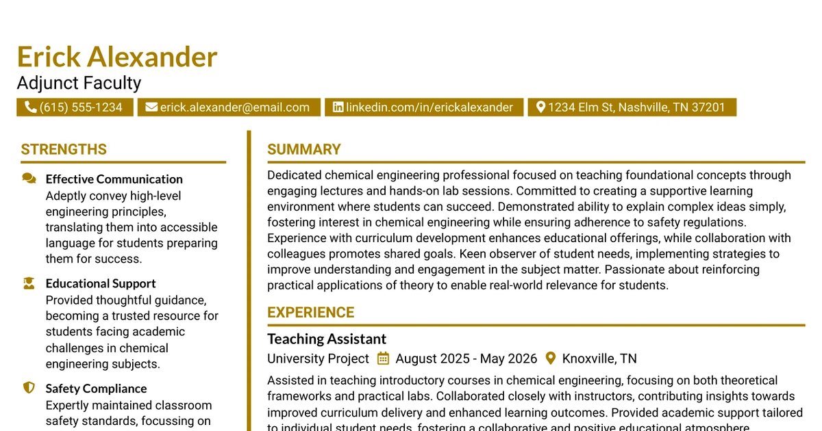 33 Adjunct Faculty - Chemical Engineering Technology Resume Templates with Example 2026 (ATS-Optimized)