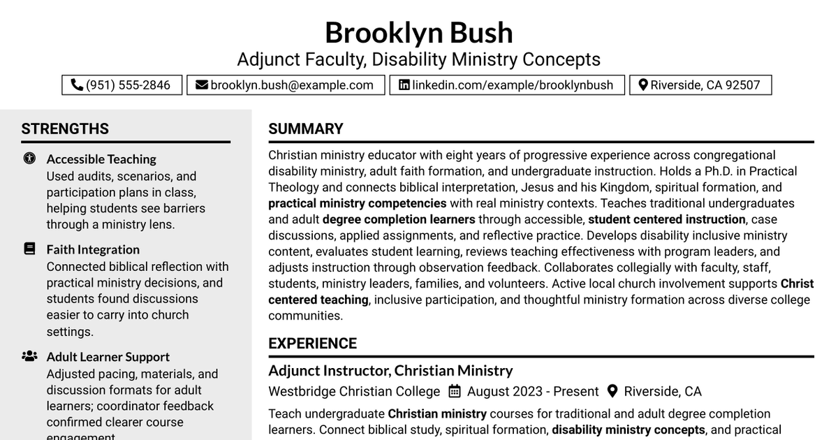7 Adjunct Faculty in Disability Ministry Concepts Resume Templates with Example
