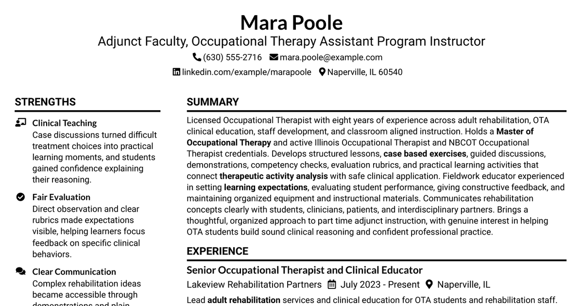 7 Adjunct Faculty - OTA Program Instructor Resume Templates with Example