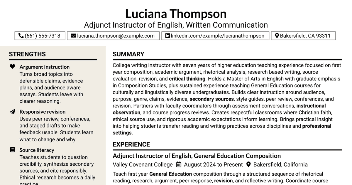 7 Adjunct Faculty - Written Communication Resume Templates with Example