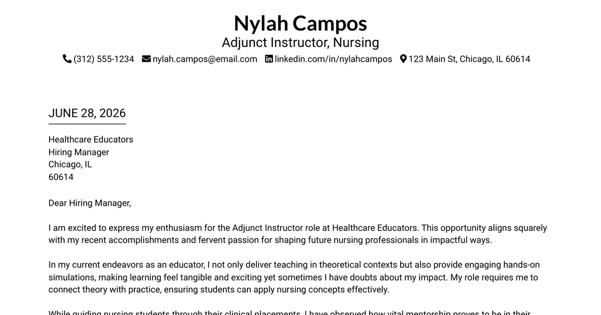 30+ Adjunct Instructor, Nursing Cover Letter Templates with Example 2026
