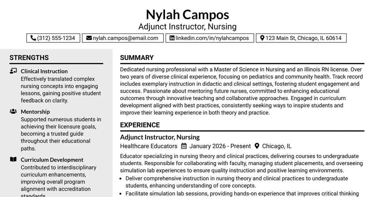 33 Adjunct Instructor, Nursing Resume Templates with Example 2026 (ATS-Optimized)