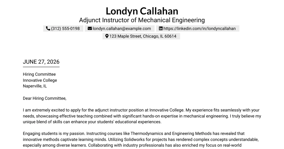 30+ Adjunct Instructor of Mechanical Engineering Cover Letter Templates with Example 2026